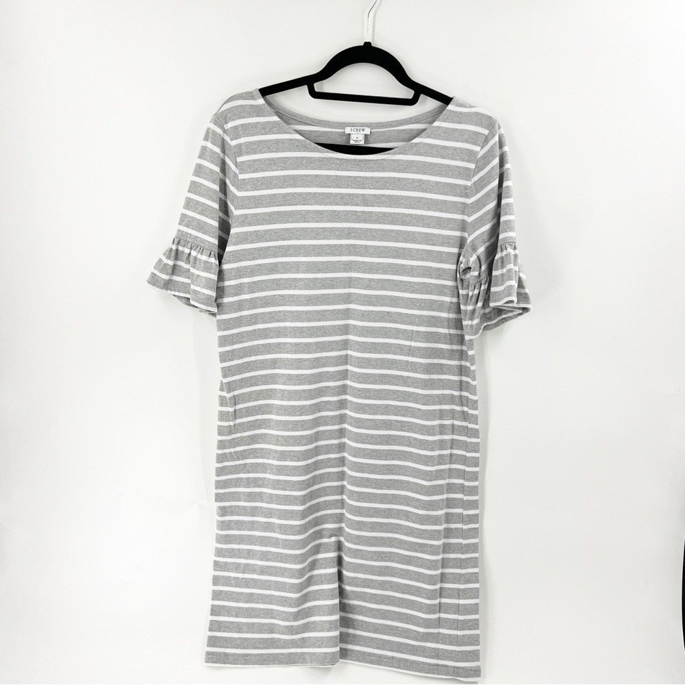 ✅‎ J. Crew H7043 Ruffled Sleeve Striped T Shirt Dress Gray White SIZE MEDIUM